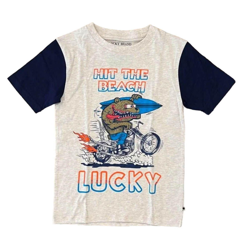NWT Lucky Brand Boy's Cream W/Surfer Hit the Beach" Graphic T-Shirt -